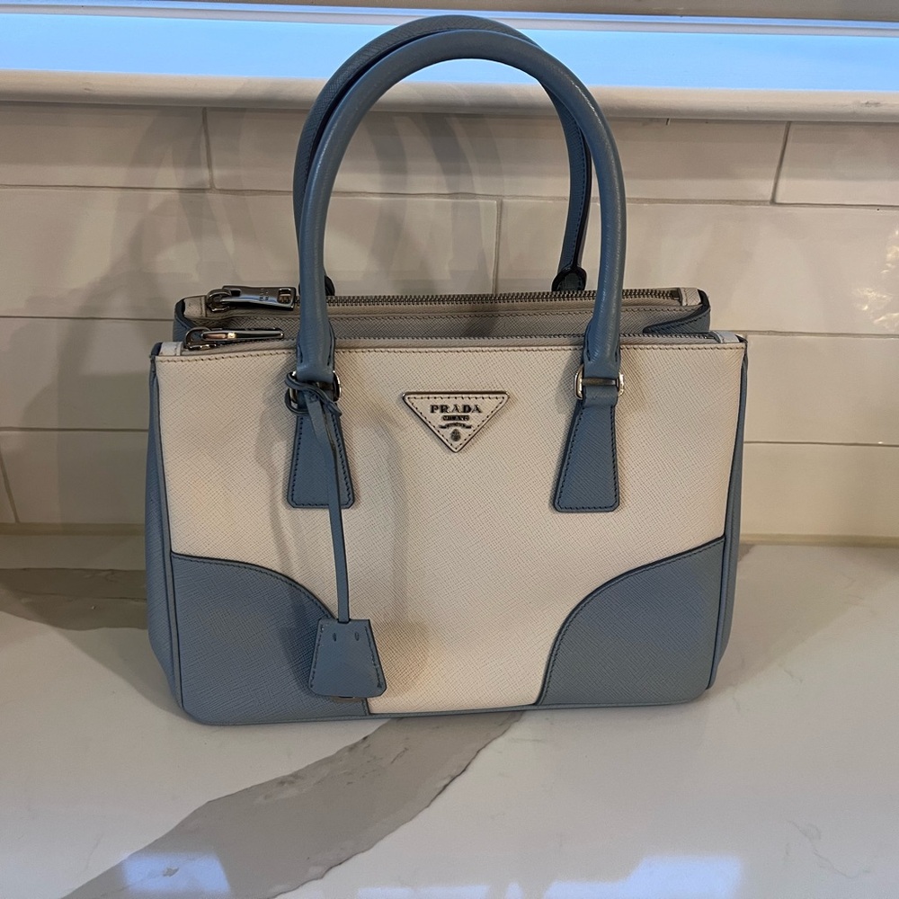 Prada Two-Tone Blue and Cream Saffiano Tote